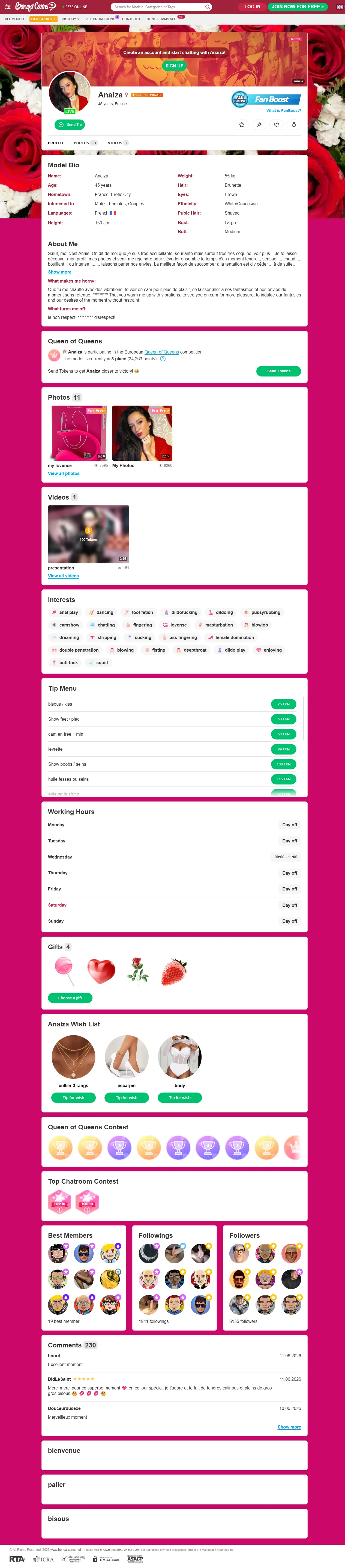Model profile page with bio, chat options and preview